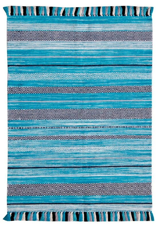 Teal Blue Stripe Moroccan Kilim Area Rug, Indian Handmade Colourful Tassel Rug, Housewarming gift , Aesthetic home decor rug