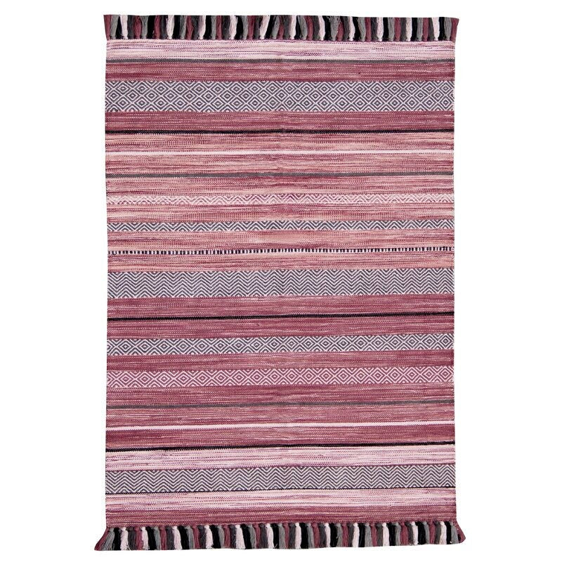 Close-up of the pink stripe pattern and pom-pom tassels