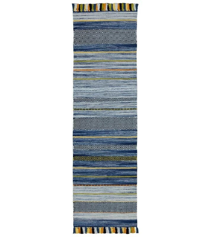Blue kilim rug corner detail showing stripe pattern