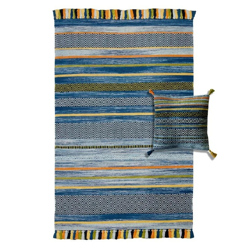 Blue bohemian kilim rug fringe and edge detail