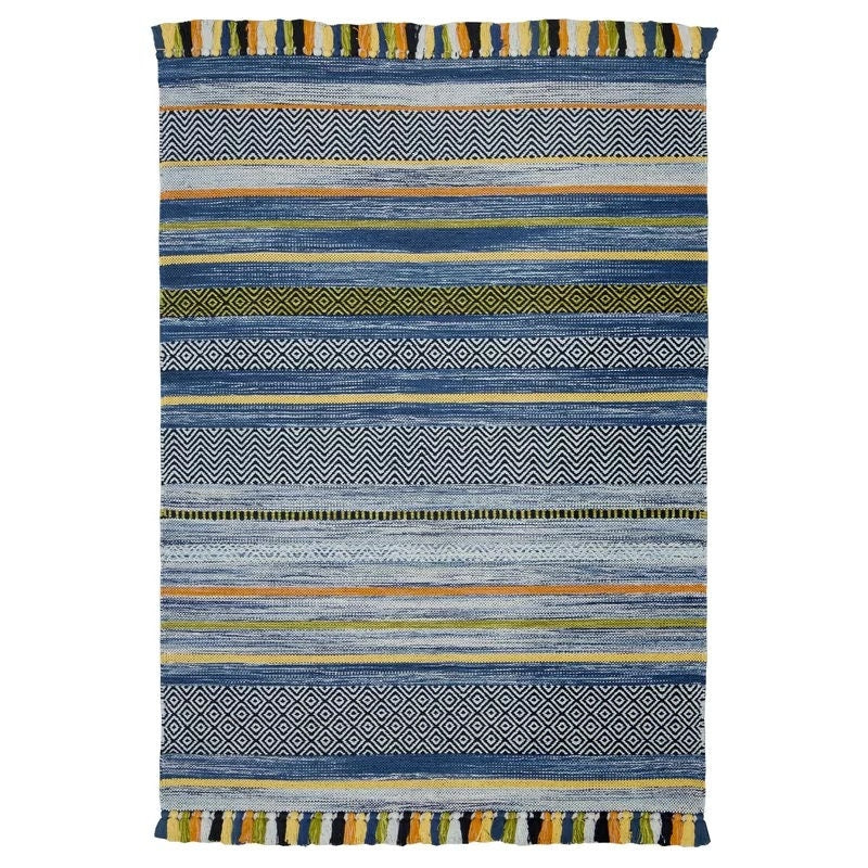 Close-up of blue kilim rug weave texture