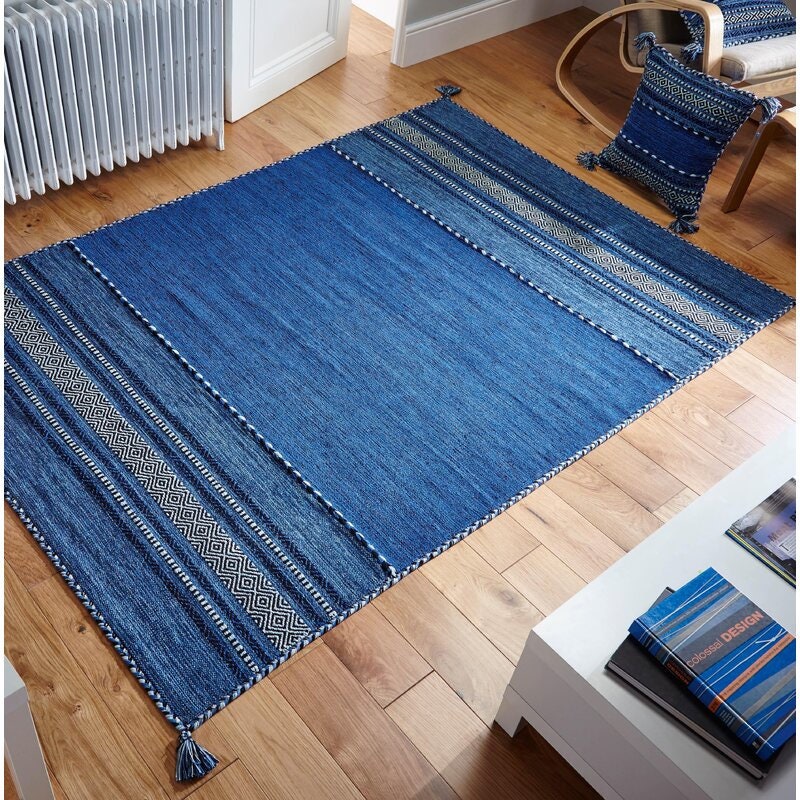 Blue Kilim Rug, Moroccan Inspired Ethnic Decor Bohemian Indian Handmade Flat weave carpet