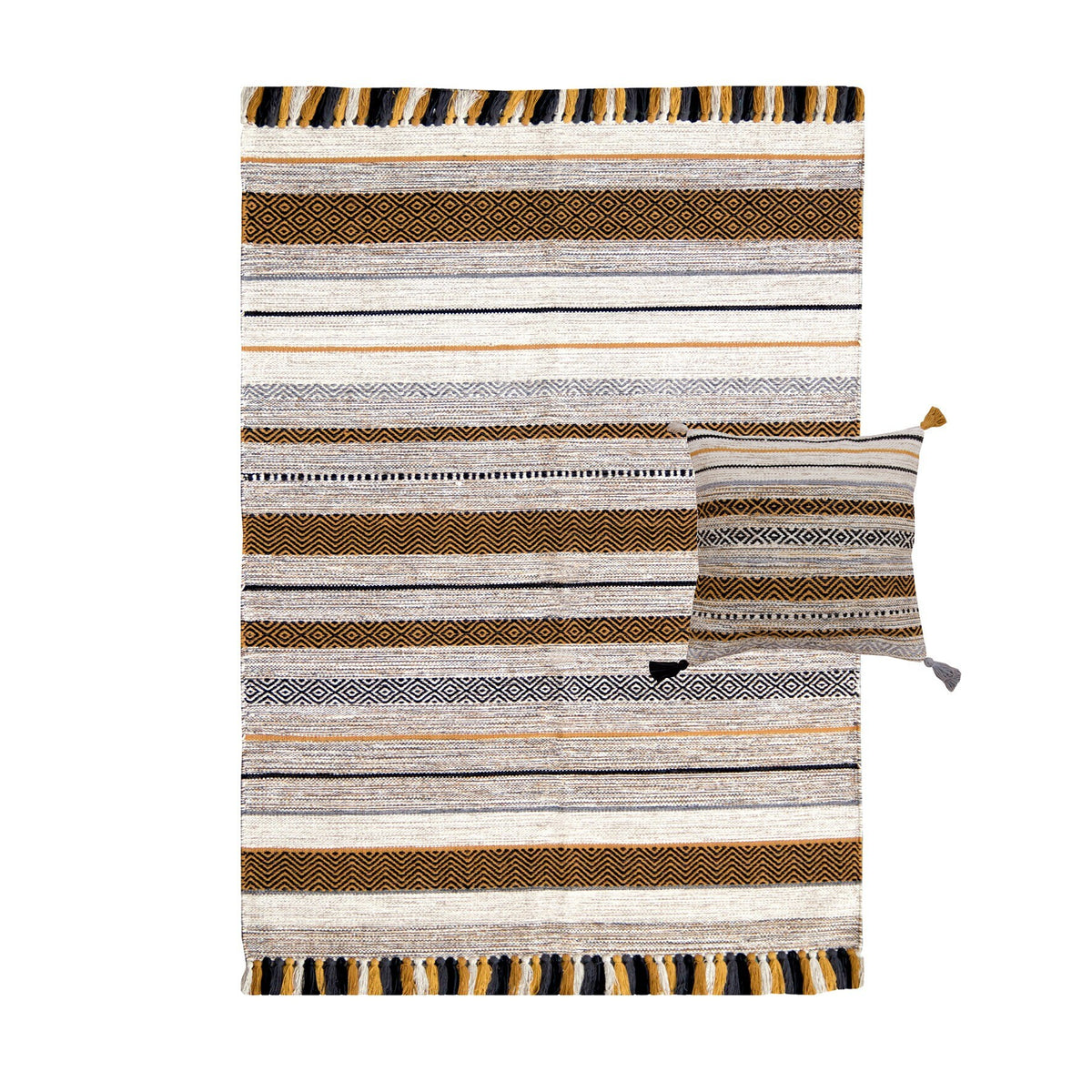 Ivory kilim rug shown in 5x8 living room size