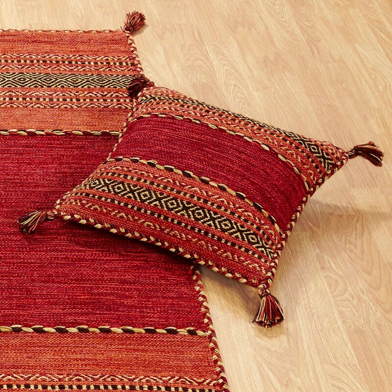 Red Kilim Rug | Handwoven Indian Rug | Artistic Moroccan Style Rug | Ethnic Living Room Rug with Cushions | Bohemian Hallway Runner