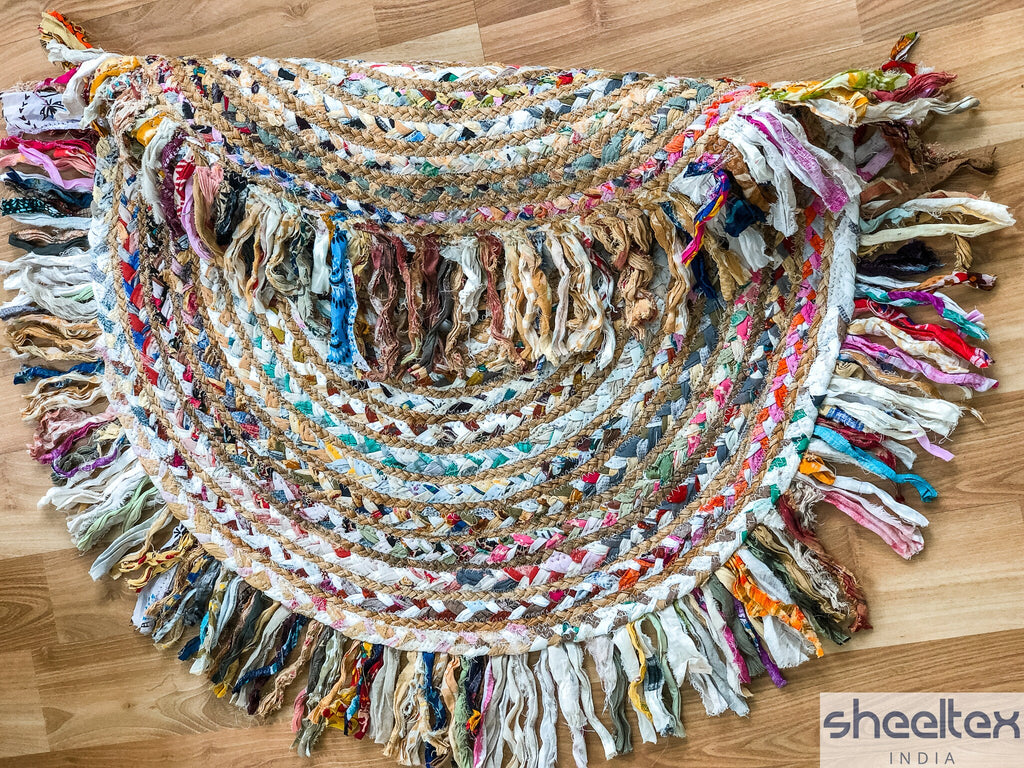 White Chindi Multicolour Rag Braided Boho Rug, Bohemian Jute mat with fringes, Eco friendly Rug, Coastal Rug, Natural Rug, Jute Rag Rug