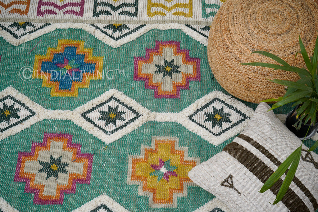 Green Moroccan Kilim Rug, Aesthetic Bohemian wool rug, Colourful Living room Boho rug 8x10, rug 10x14 , Custom made