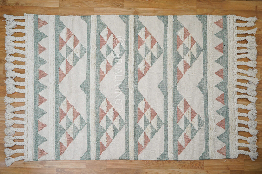 Handmade Light Pink and Blue Wool Kilim Rug for living room - Contemporary Abstract Design with Geometric Patterns , Custom made in any size