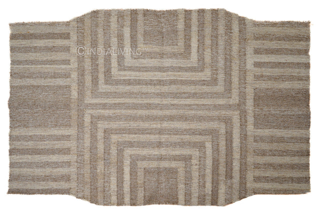 Beige rustic kilim wool rug, flat lay view