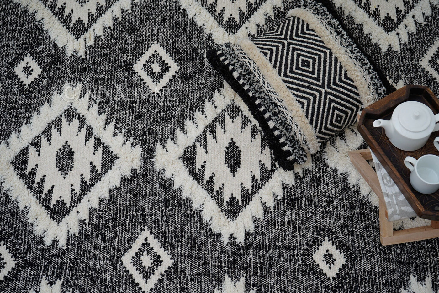 Handwoven black Moroccan Berber wool rug, flat lay view