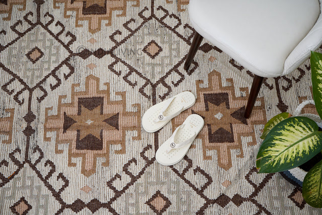 Brown beige kilim wool rug, flat lay view