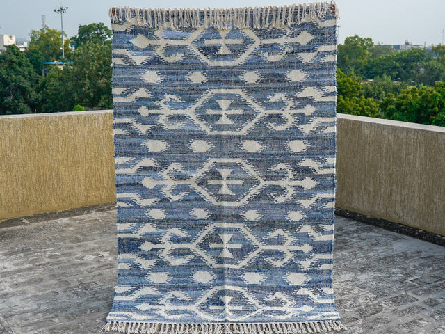 Denim blue abstract flatweave wool rug, flat view