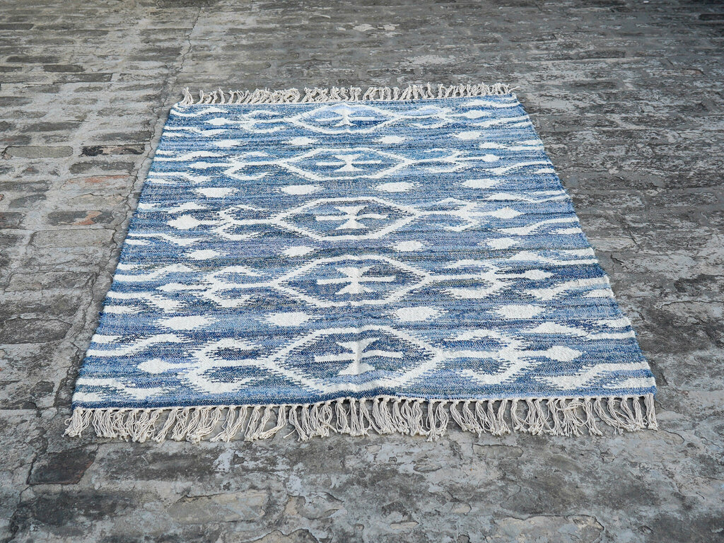 Denim Blue Rustic Kilim Rug , Tribal Rug, Abstract Design, Custom made, Floor Decorative, Vintage Look, Flatweave Area Rug, Indian Handmade