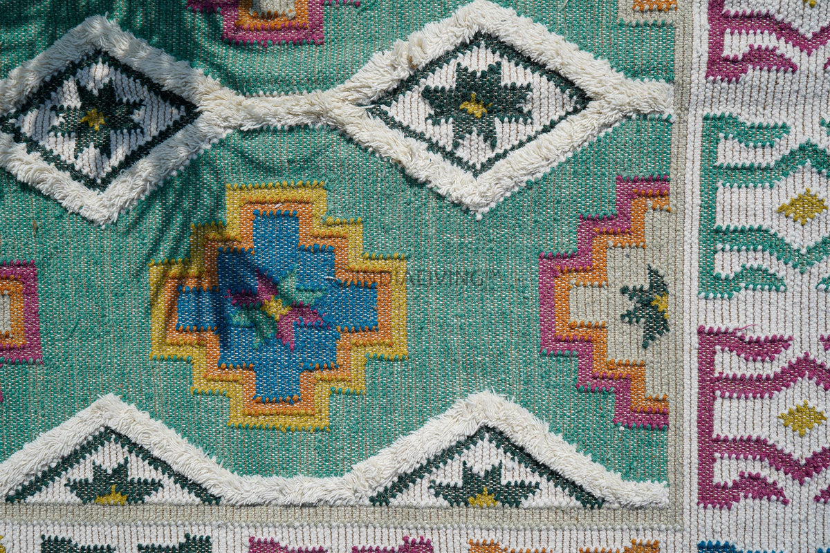 Green Moroccan rug full room lifestyle view