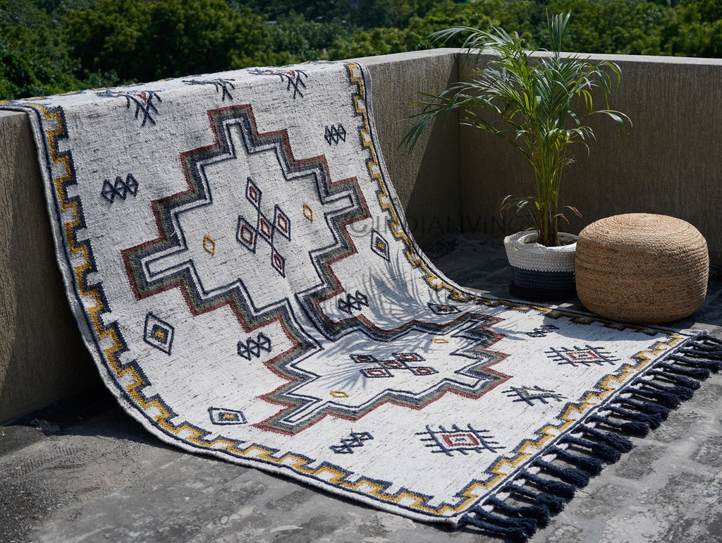 Handwoven Tribal Aztec Bohemian style Indoor outdoor kilim area rug, Sustainable Patio decor rug, Customization available