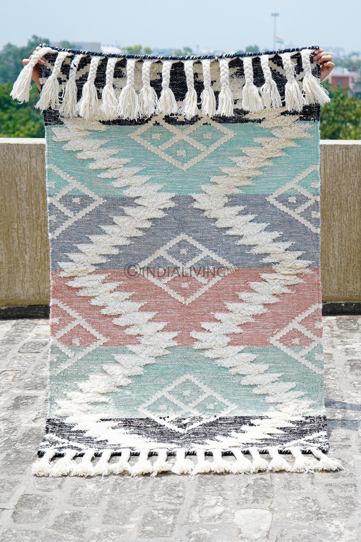 Colourful kilim shag rug in a bedroom setting