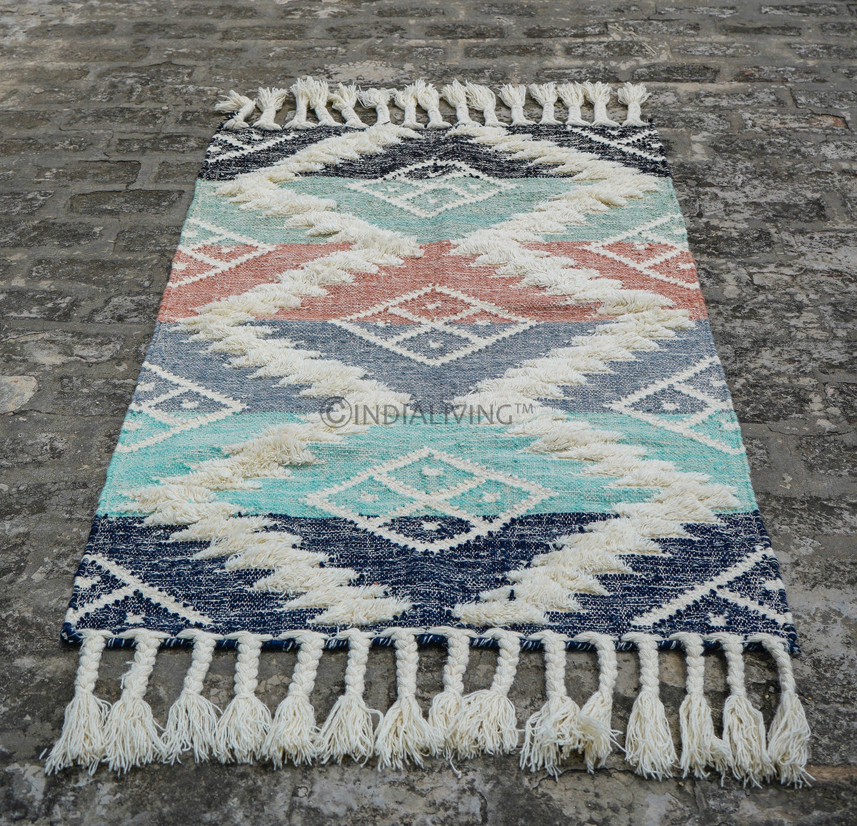 Colourful kilim shag rug laid in a living room