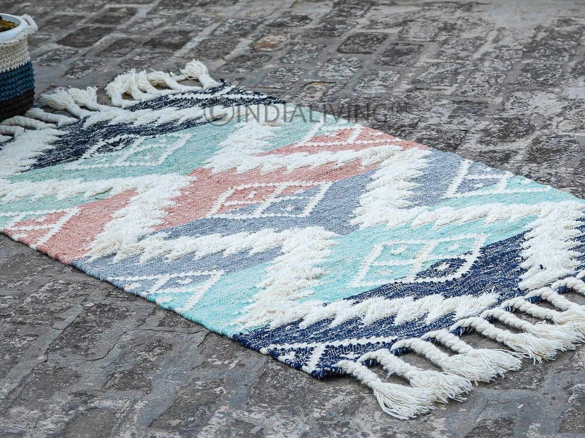 Colourful kilim shag rug texture macro shot