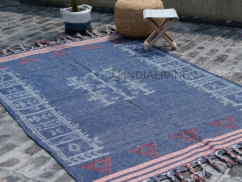 Blue Moroccan Kilim Wool Area Rug | Antique look | Indian handmade | Oversized Living Room carpet, Personalised | Tribal Traditional Rug