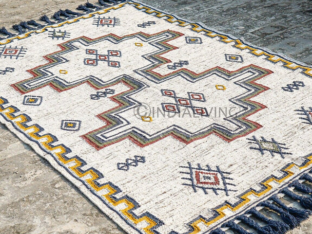 Kilim rug styled on a covered patio