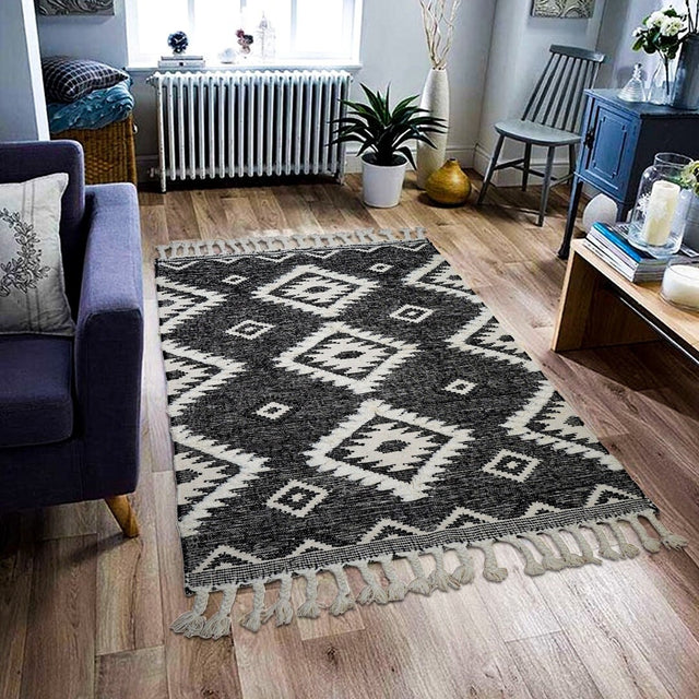 Black Berber rug styled in a modern living room