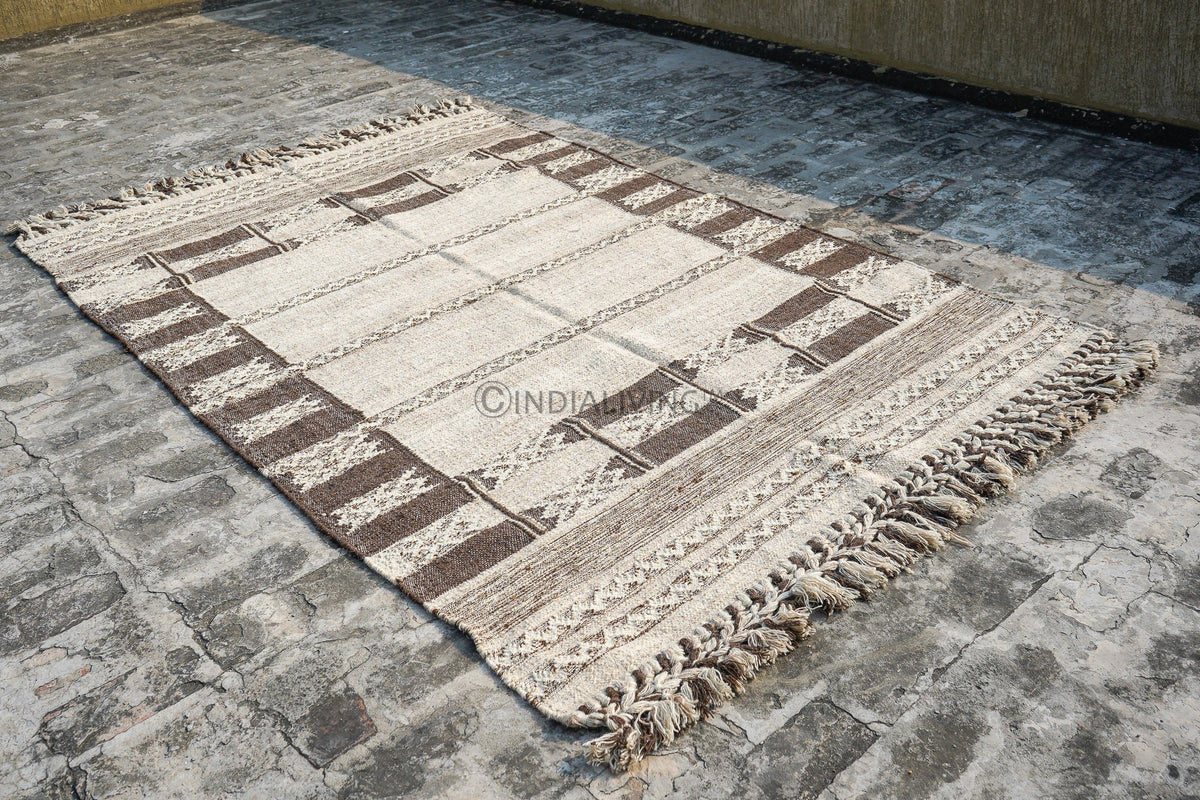 Farmhouse wool rug texture close-up