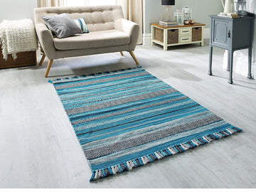 Teal Blue Stripe Moroccan Kilim Area Rug, Indian Handmade Colourful Tassel Rug, Housewarming gift , Aesthetic home decor rug