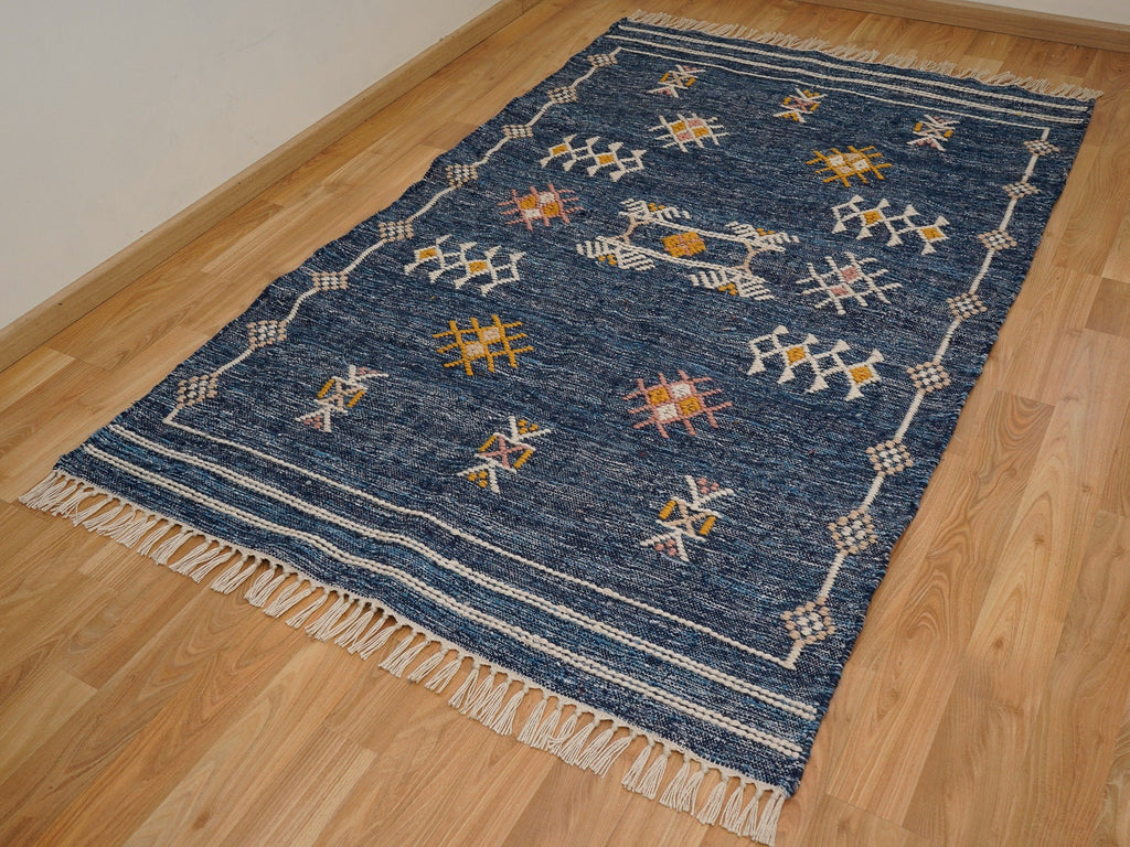 Denim Blue Aztec Kilim Rug,Hand woven Tribal Bohemian decor rug, Patio decor moroccan rug, Custom made in any size