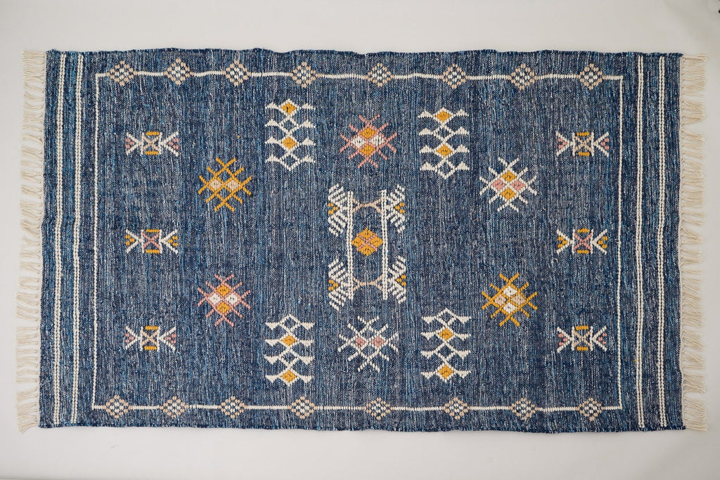 Denim Blue Aztec Kilim Rug,Hand woven Tribal Bohemian decor rug, Patio decor moroccan rug, Custom made in any size