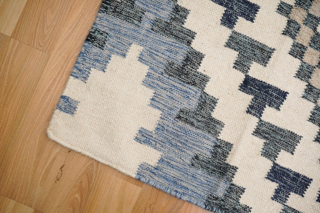 Beige Blue Abstract Wool Kilim Rug - Geometric rug - Custom made