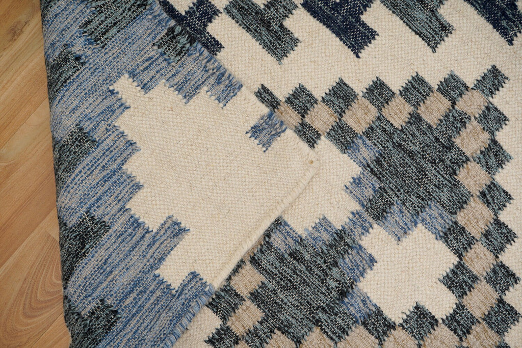 Beige Blue Abstract Wool Kilim Rug - Geometric rug - Custom made