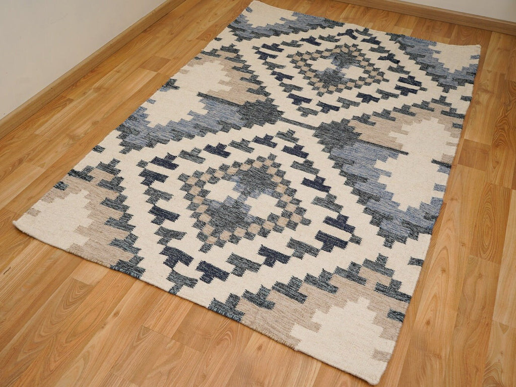 Beige Blue Abstract Wool Kilim Rug - Geometric rug - Custom made