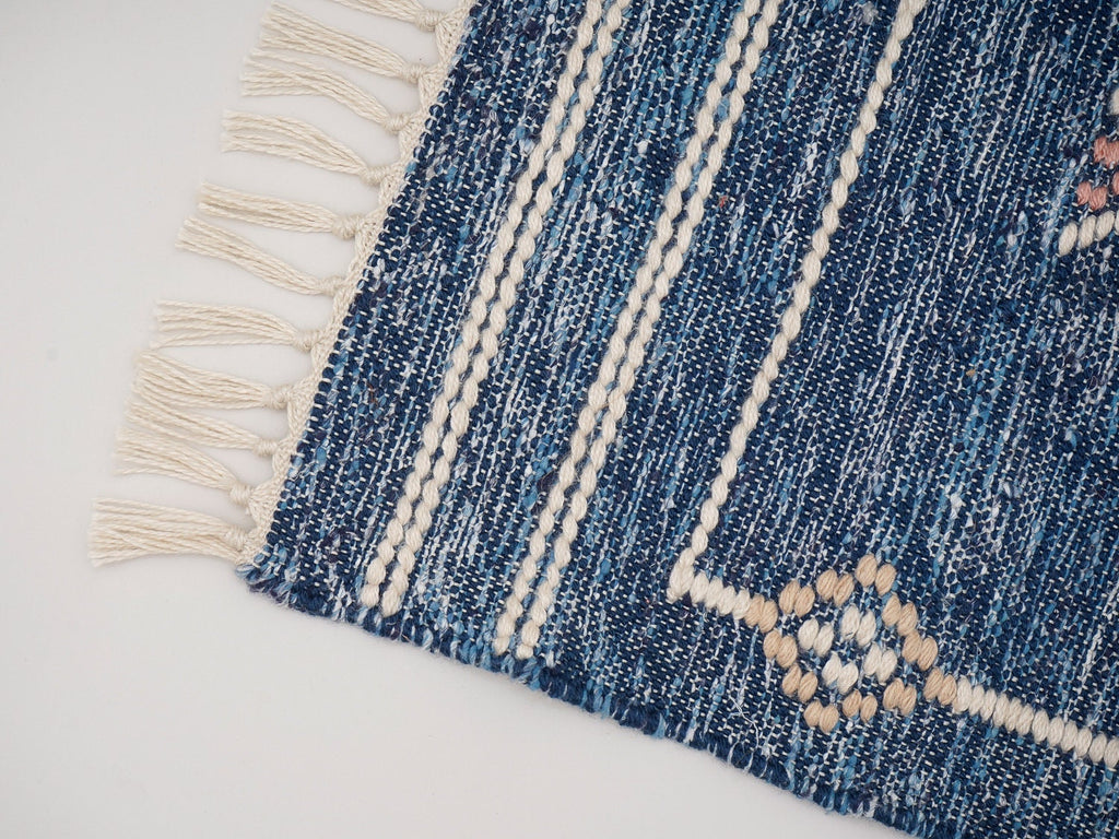 Denim Blue Aztec Kilim Rug,Hand woven Tribal Bohemian decor rug, Patio decor moroccan rug, Custom made in any size