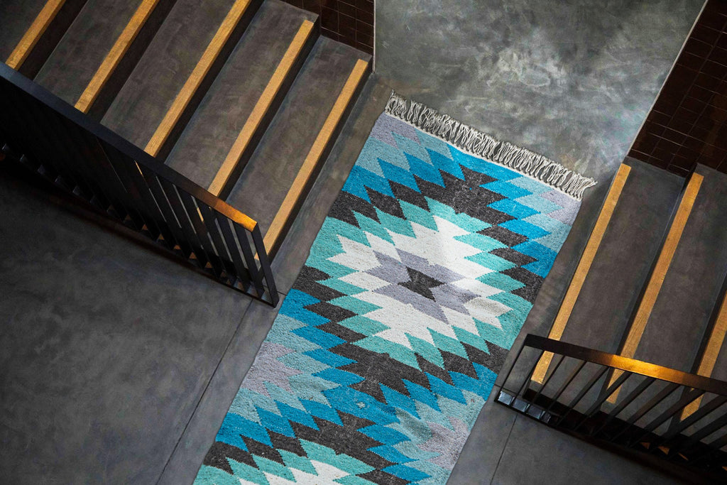 Handwoven Blue Wool Runner Rug, Custom made Runner, Decorative , Hallway Runner , Southwestern Teal Blue Runner, Geometric Runner