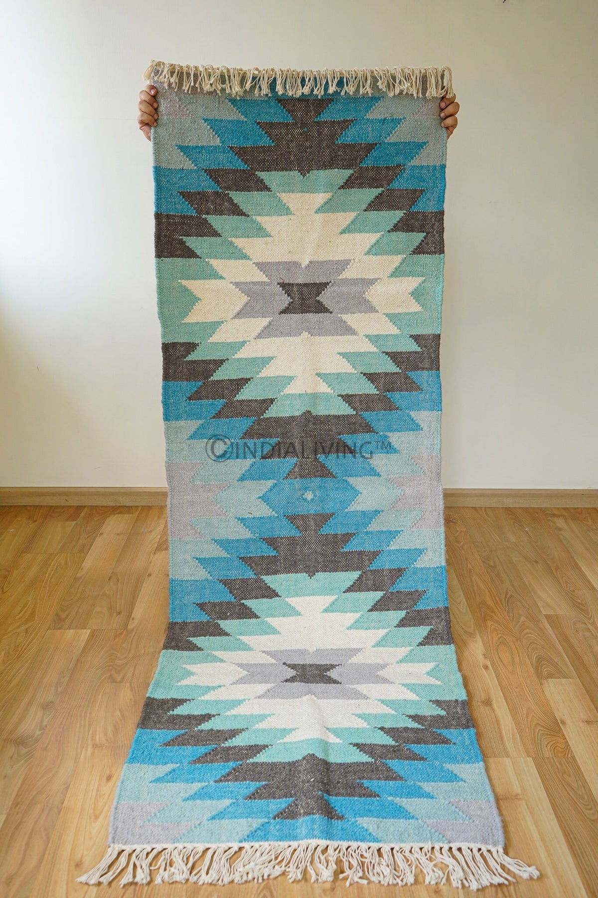 Handwoven blue wool kilim runner rug, flat lay view