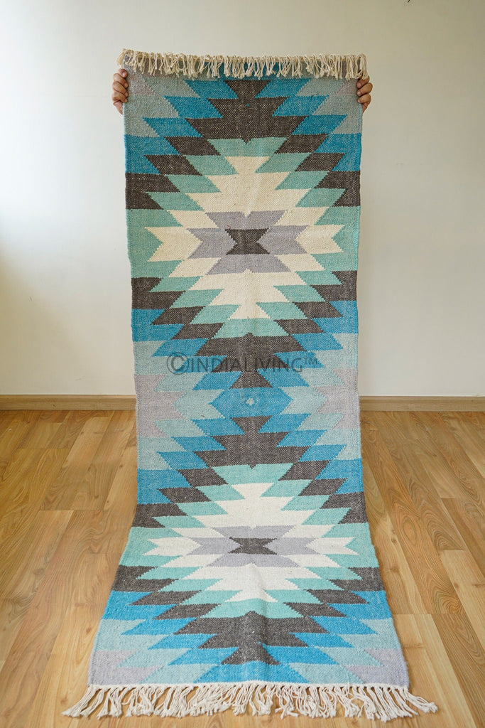 Handwoven Blue Wool Runner Rug, Custom made Runner, Decorative , Hallway Runner , Southwestern Teal Blue Runner, Geometric Runner