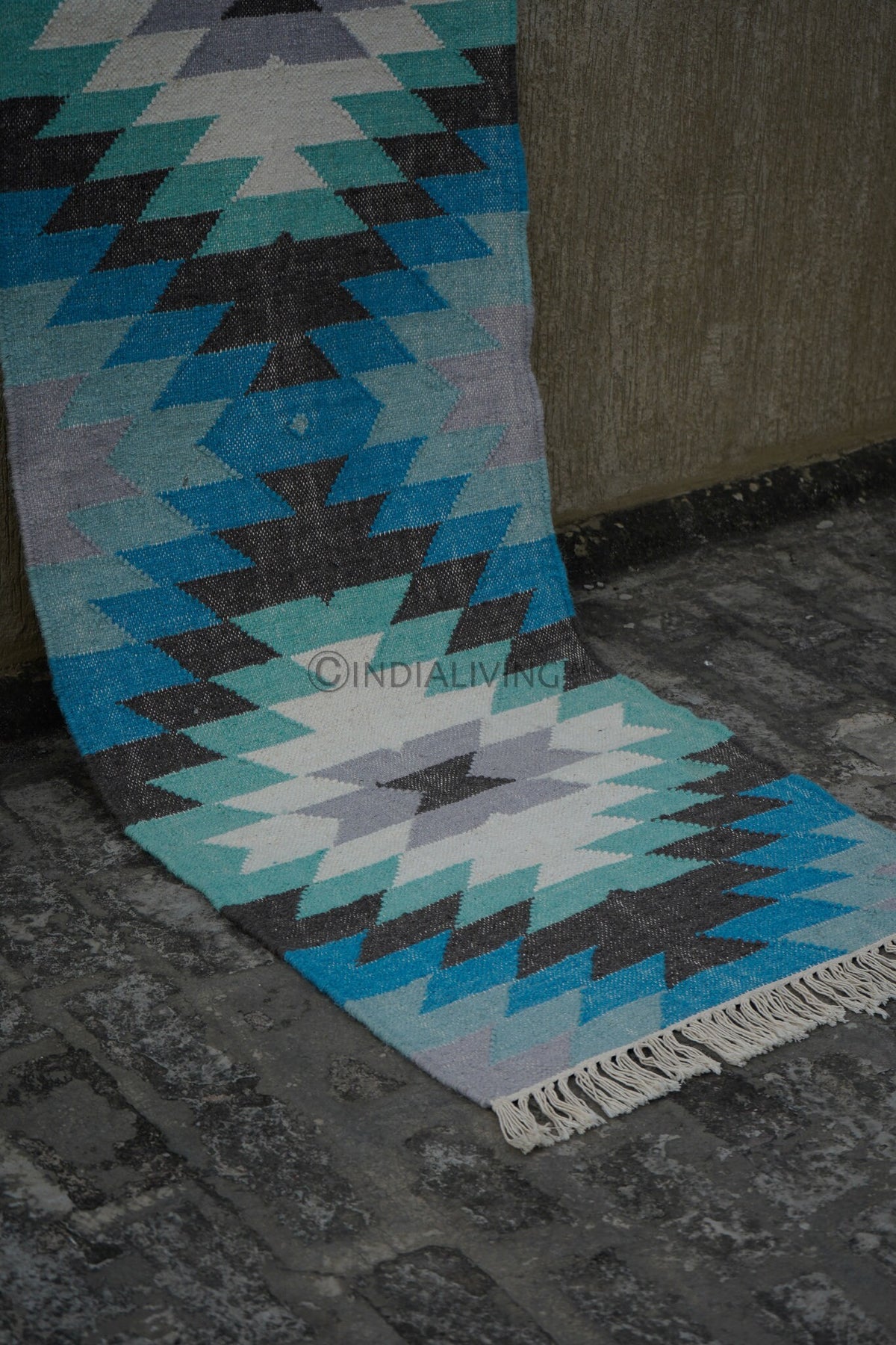 Full-length view of blue geometric wool runner