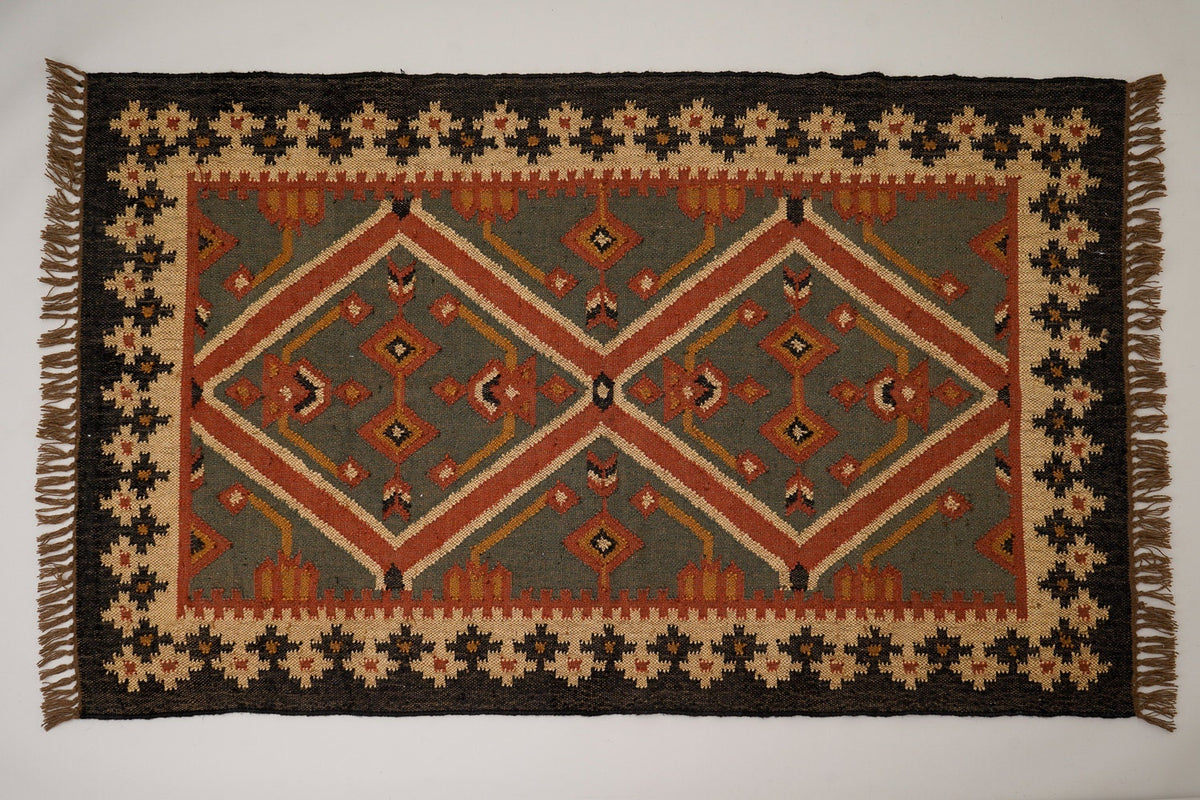 Close-up of aztec pattern weave on wool jute runner