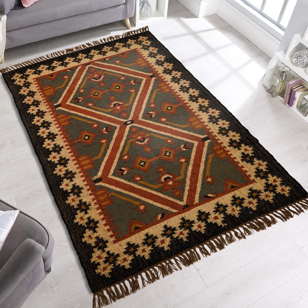 Wool and jute Southwestern kilim runner, full flat view