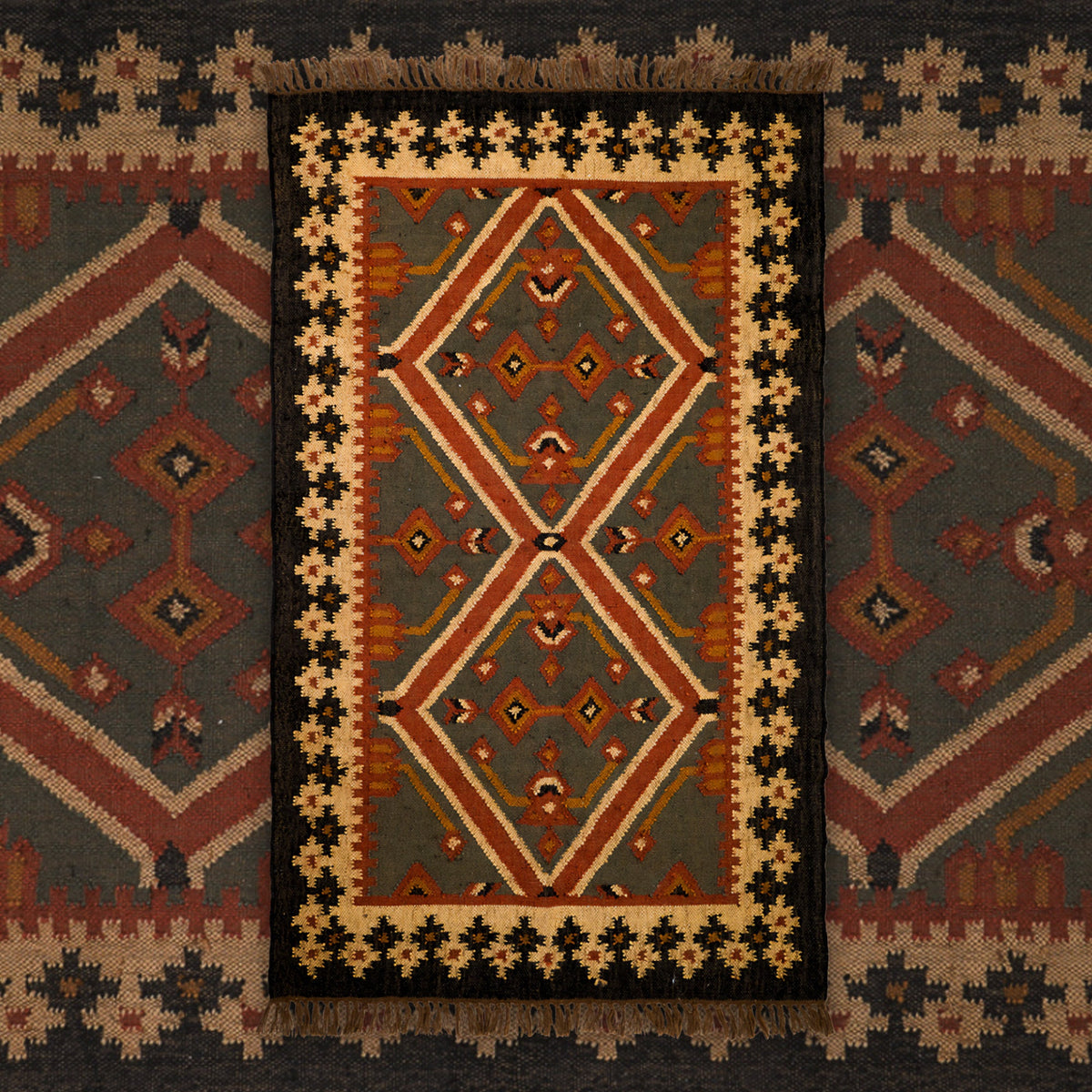 Reversible side detail of wool jute kilim runner