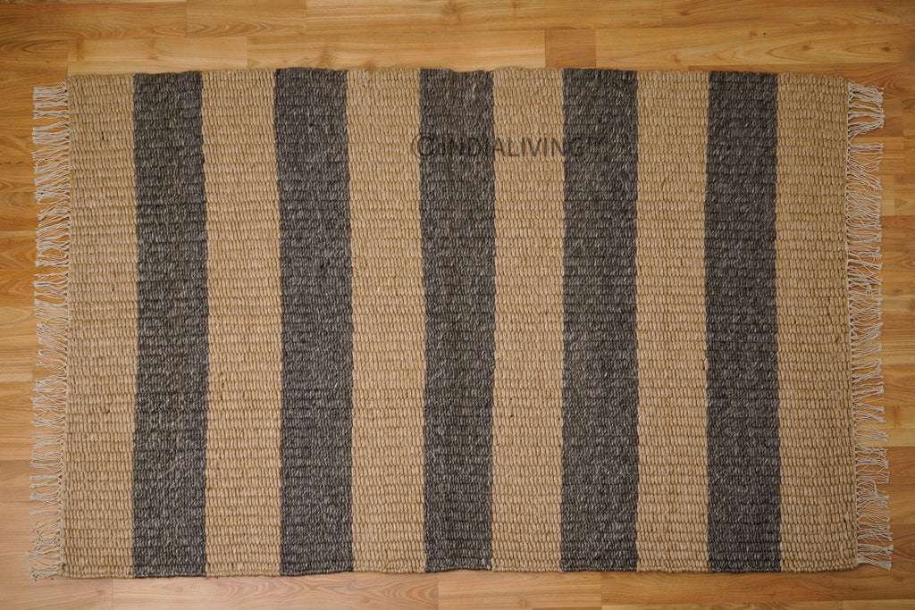 Hand woven Striped chunky loop wool rug - Charcoal grey & Beige, Premium wool, Pet Friendly, Custom made in all sizes