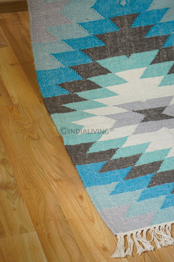 Handwoven Blue Wool Runner Rug, Custom made Runner, Decorative , Hallway Runner , Southwestern Teal Blue Runner, Geometric Runner