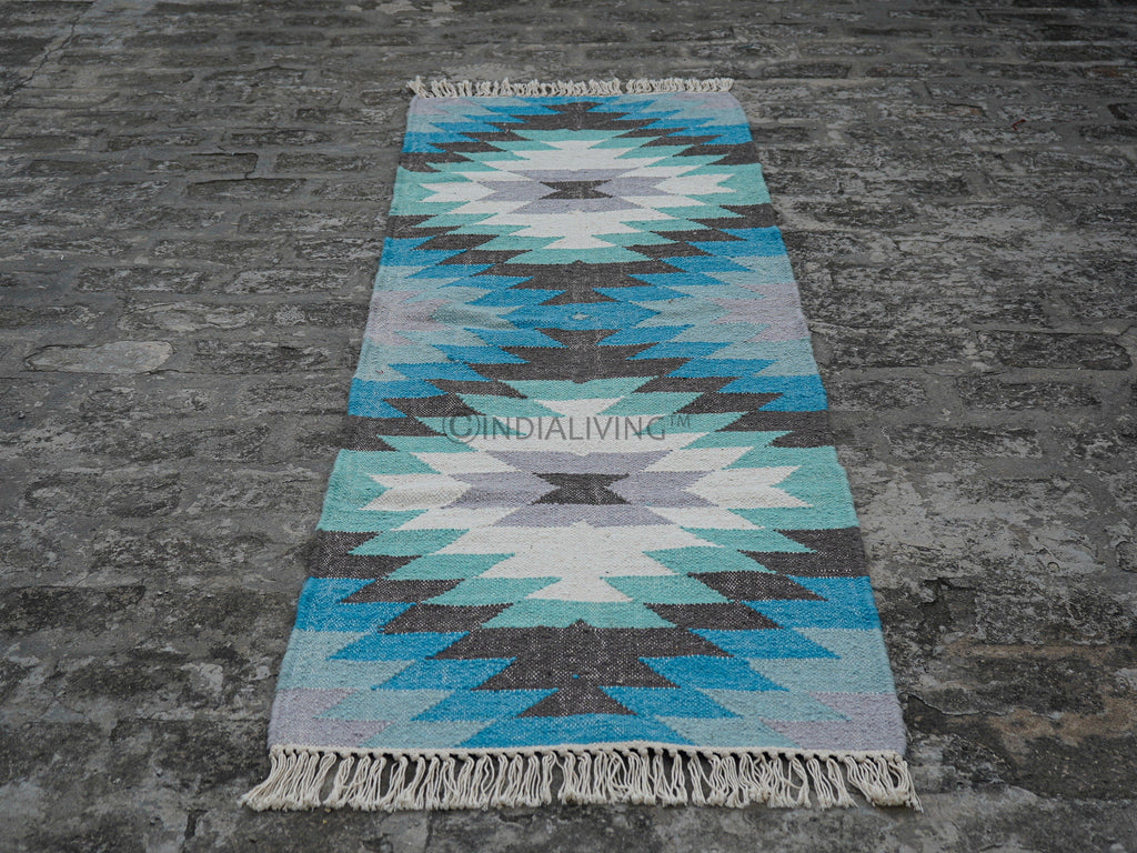 Handwoven Blue Wool Runner Rug, Custom made Runner, Decorative , Hallway Runner , Southwestern Teal Blue Runner, Geometric Runner