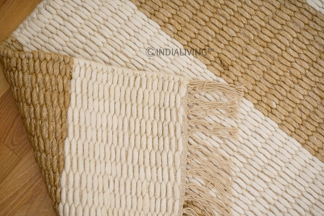 Ivory beige striped chunky wool rug flat view