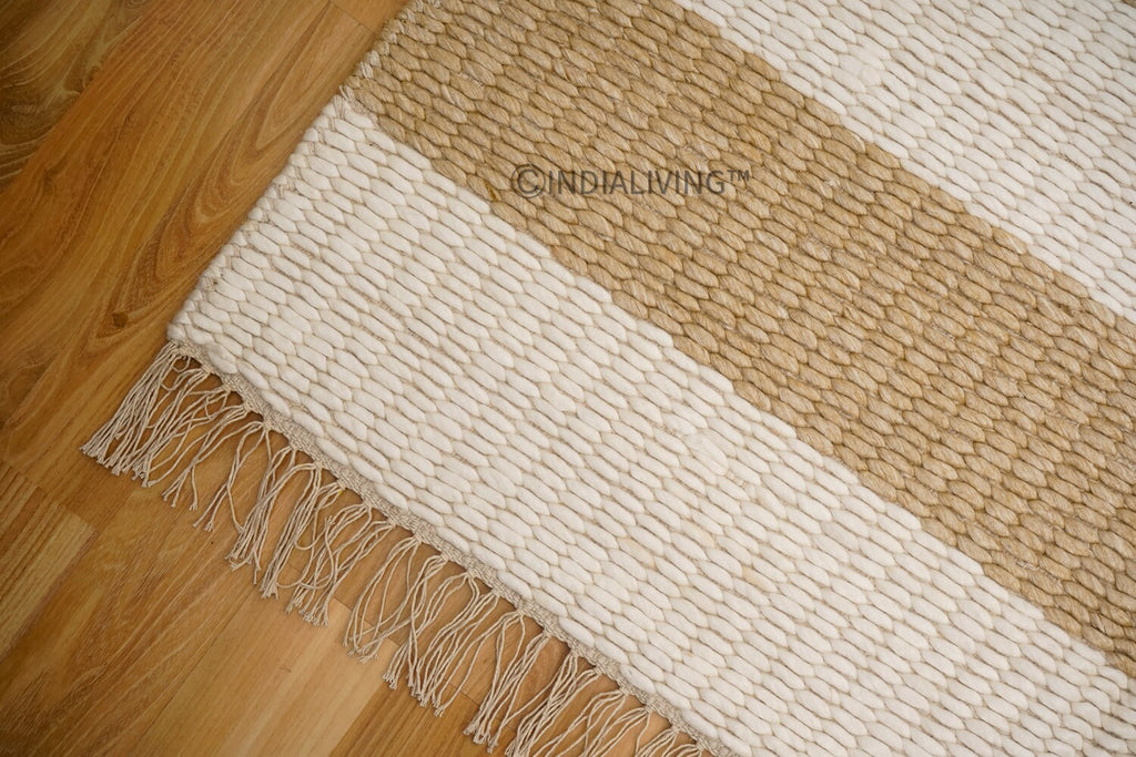 Hand woven Ivory Beige Striped Chunky loop wool rug, Soft Scandinavian decor , Custom made in all sizes