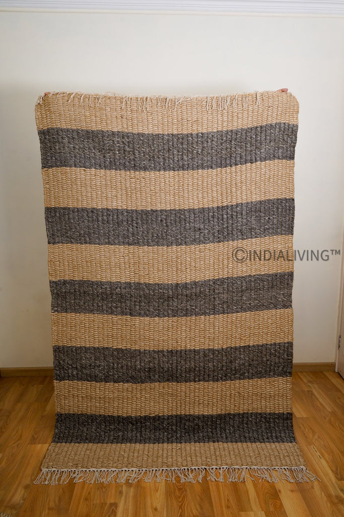 Hand woven Striped chunky loop wool rug - Charcoal grey & Beige, Premium wool, Pet Friendly, Custom made in all sizes