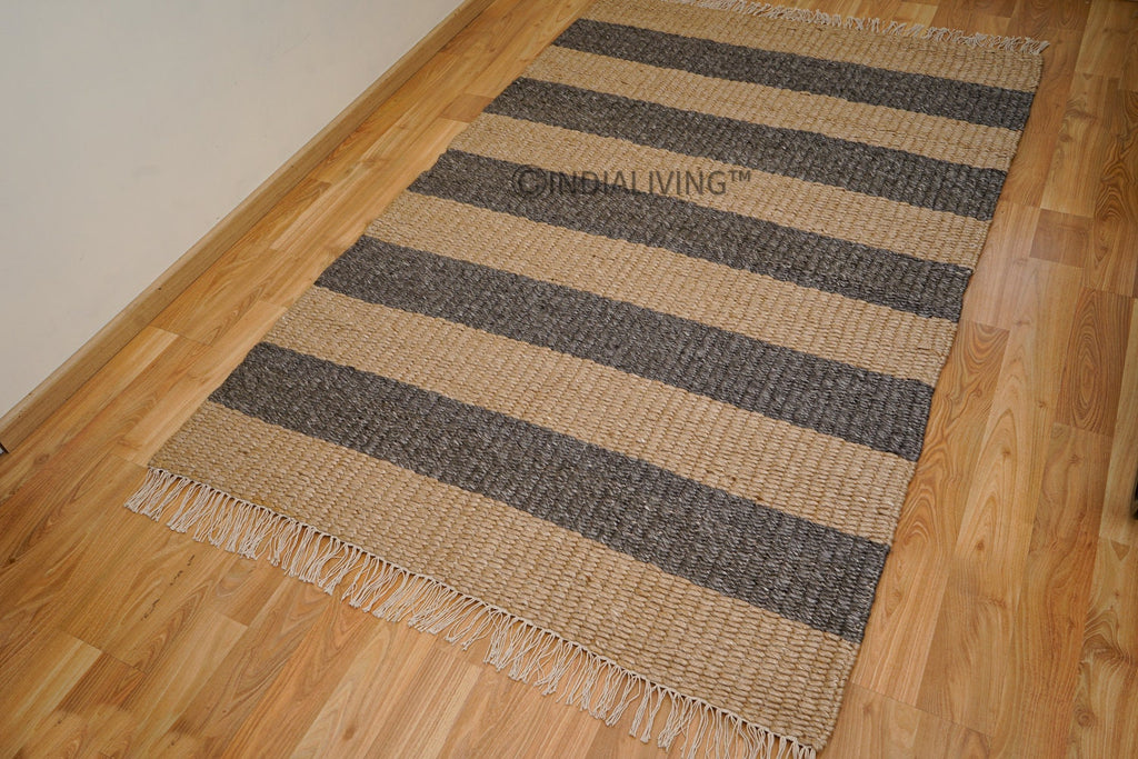 Hand woven Striped chunky loop wool rug - Charcoal grey & Beige, Premium wool, Pet Friendly, Custom made in all sizes