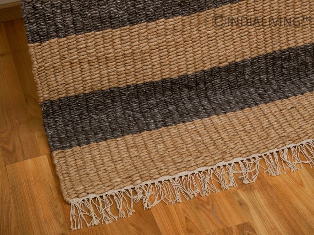 Charcoal and beige striped chunky wool rug weave close-up