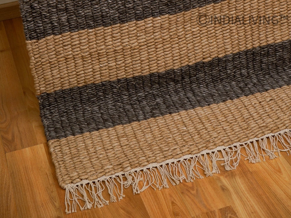 Hand woven Striped chunky loop wool rug - Charcoal grey & Beige, Premium wool, Pet Friendly, Custom made in all sizes