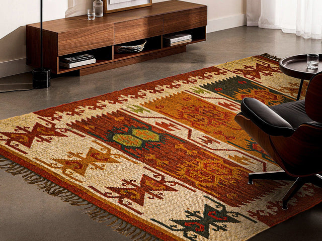 Red Navajo kilim runner flat view showing full pattern