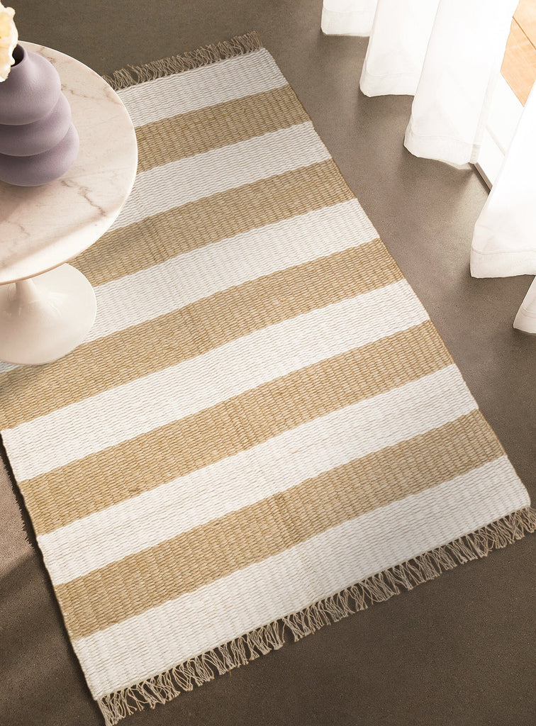 Hand woven Ivory Beige Striped Chunky loop wool rug, Soft Scandinavian decor , Custom made in all sizes